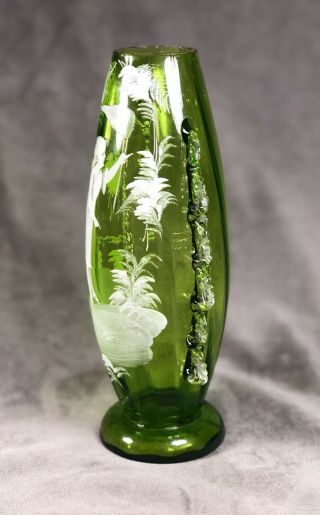 Antique Mary Gregory Bohemian Green Rigaree Glass Vase