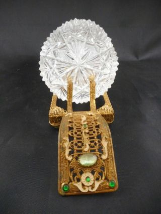 Antique Bohemian Czech Cut Glass Coasters W/ Orig Filigree Jeweled Holder