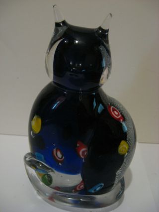 Murano Cat Navy Blue With Millifiori Acents And Silver Fleck