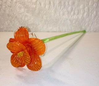 29” Huge Orange Daffodil Hand Blown Glass Green Stem Flower Large Htf Art