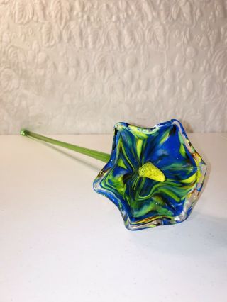 28” Huge Blue Yellow Red Confetti Slag Hand Blown Glass Green Stem Lily Flower