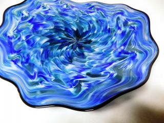 Hand Blown Glass Platter 978 Art Bowl Tray Rippled Cobalt Design