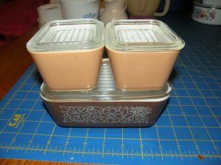 6 Piece Pyrex Refrigerator Set Woodland 501 502 Brown Orange Ribbed Lids