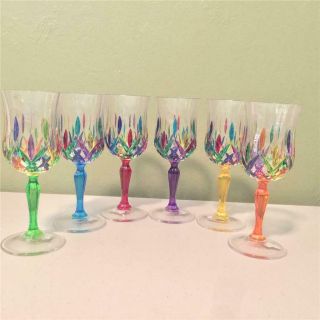 6 Due Zeta Multi Color Crystal Goblets Glasses - Nwt - 6 7/8 " Italy