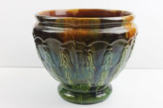 Large Vintage Art Pottery Jardiniere Planter 8 " Tall Brown Green Blended Tassles