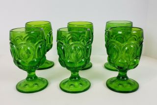 Green Glass Goblets 6 " Tall L.  G.  Wright Moon & Stars Set Of 6