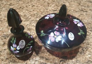 Rare Fenton Aubergine Purple Hand Painted Signed Vanity Bowl Perfume Bottle Set