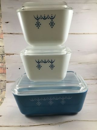 Pyrex Vintage Snowflake Garland Refrigerator Dish Set 501 & 503 “mint” Gift