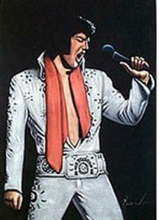 Hand Painted 18 " X 12 " Velvet Elvis Presley White Jump Suit W/red Scarf Painting