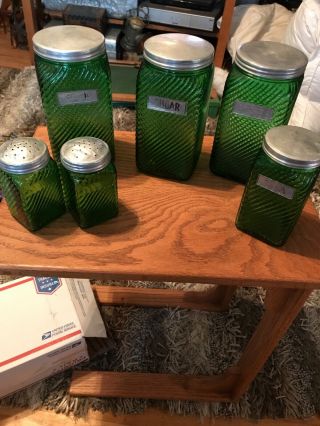6 Piece Green Swirl Owens/illinois Hoosier Glass Cannisters/shakers.