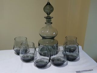 Frank Thrower Art Glass Smoke Grey Glass Decanter & Glasses Set 1960s Dartington