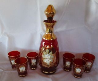 Vintage Venetian Murano Vecchia Ruby Red Gold Gilt Decanter & 6 Cups