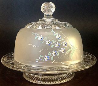 Antique Eapg Robinson Glass Co.  Butter Dish Rare Zanesville Frosted Blue Floral