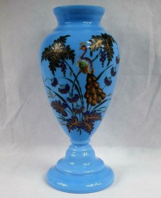 Large Blue Victorian Era Antique Opaline Glass Vase Enamel Peacock Hand Painted