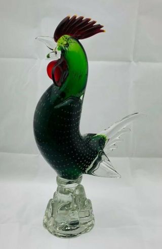Murano Sommerso Vintage Art Glass Green / Red Cockerel 12 - 1/2” Tall - Stunning
