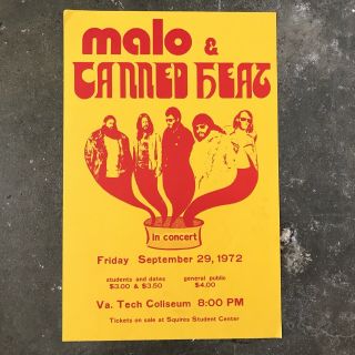 Malo And Canned Heat Concert Poster 1972 Virginia Tech