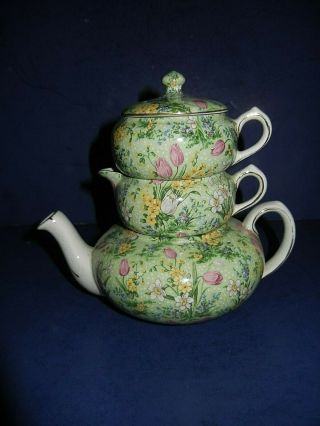 Rare Chintz Lord Nelson Stacking Teapot For One Green Tulip