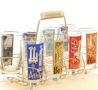 Vintage Libbey Cities Around The World Tumbler - Drinking Glasses Set 8 Caddy 1959