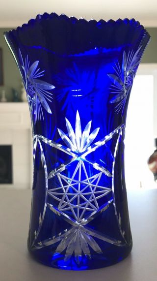 Bohemian Czech Cobalt Blue Cut To Clear Crystal 6” Vase 8 - Pointed Stars & Flares