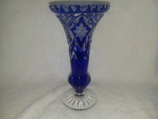 Bohemian Cobalt Blue Cut To Clear Crystal Vase,  8 " Tall By 4 " Wide At Rim