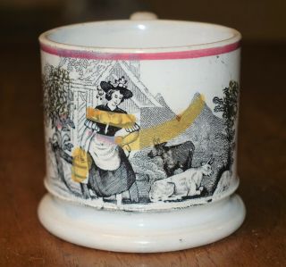 Antique Pearlware Staffordshire Transferware Small Child’s Mug Farm Scene & Cows