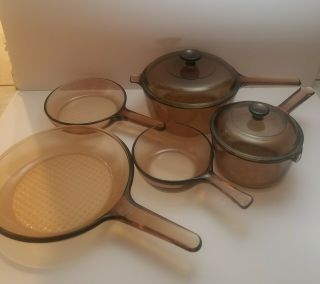 Vintage 7 Pc.  Corning Ware Visions Amber Visions Cookware Set