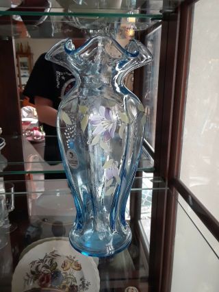 Clear Crystal Blue Fenton Vase Rare Hand - Painted And Signed