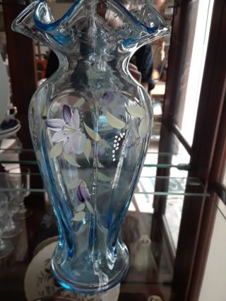 Clear crystal blue Fenton vase rare hand - painted and signed 2