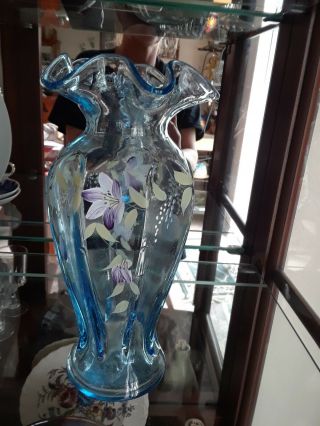 Clear crystal blue Fenton vase rare hand - painted and signed 3