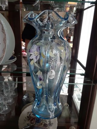 Clear crystal blue Fenton vase rare hand - painted and signed 4