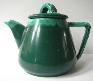 Vintage Art Pottery Teapot Emerald Green Drip Glaze Braided Handle