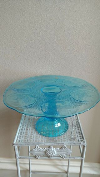 Vintage Blue Depression Glass Pedestal Cake Stand Made In Poland.