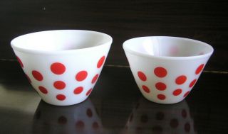 Anchor Hocking Fire King Red Polka Dot 2 Large Mixing Bowls 9 1/2 8 1/2 Wow