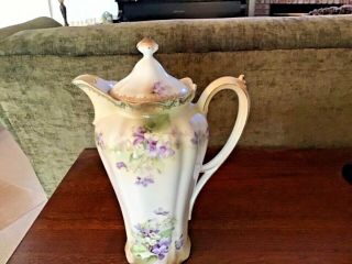 Antique Rs Prussia Chocolate Pot Red Mark W/ Violets & Sm.  White Flowers