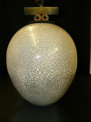 Large Cream Colored Raku - Fired Crackle Glazed Vase With Cap