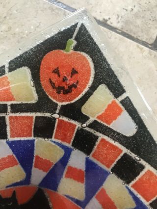 Large Peggy Karr Fuse Glass 12 1/2” Deep Square Plate Halloween Pumpkins Bats 4