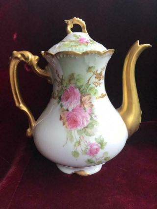 Antique Vintage A K Limoges France Fine Porcelain Pink Roses Tea Chocolate Pot
