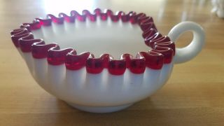 Fenton Ruby Red Crest Handled Relish Heart Candy Dish Milk Glass Ruffle