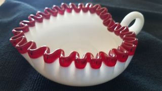 Fenton Ruby Red Crest Handled Relish Heart Candy Dish Milk Glass Ruffle 2