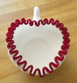 Fenton Ruby Red Crest Handled Relish Heart Candy Dish Milk Glass Ruffle 4