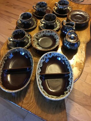 Rare Vintage Harkerware Brown Set 20 Piece Serving Bowl Tea Cups Vegetable Dish