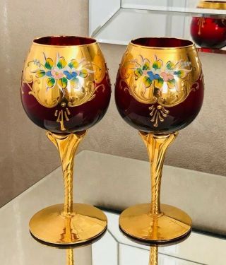 Murano Art Glass X2 Ruby Red & Gold Gilt Wine / Hock Glasses 7 - 1/4” Tall 1