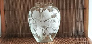 Vintage Etched Cut Clear Glass Hawaiian Hibiscus Flower Vase