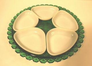Vintage Anchor Hocking Lazy Susan Forest Green Relish Tray Milk Glass Inserts