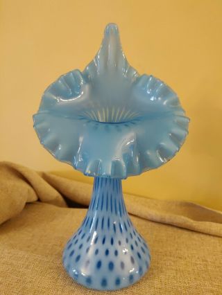 Fenton Cornflower Blue Coin Dot 11¼ " Tulip Vase Jack In Pulpit Lily Signed
