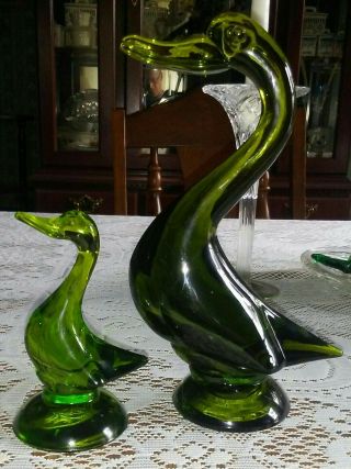 Vintage Viking Glass Green Duck Figurine Set Of 2