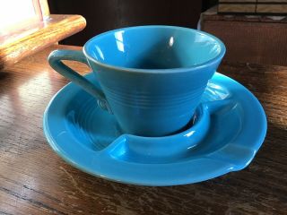 Rare Htf Homer Laughlin Fiesta Harlequin Turquoise Blue Cup & Ashtray Saucer Set