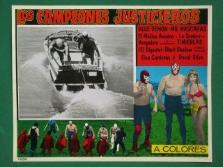 Los Campeones Justicieros Mil Mascaras Blue Demon Wrestling Mexican Lobby Card
