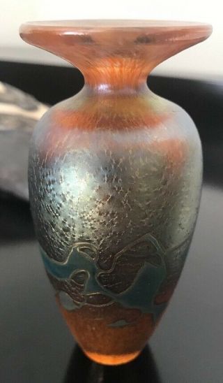 Vintage Signed Robert Held Art Iridescent Glass California Poppy Vase 4.  5”