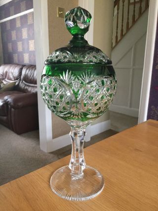 Rare Green Bohemiam Crystal Glass Goblet Lidded Vase